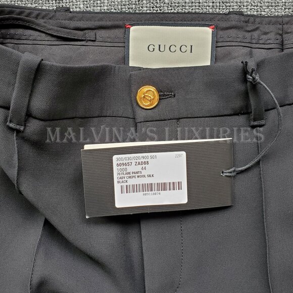 GUCCI PANTS BLACK SILK WOOL CREASED TROUSERS w LOGO BUTTON sz IT 44 US 8 - Picture 11 of 14